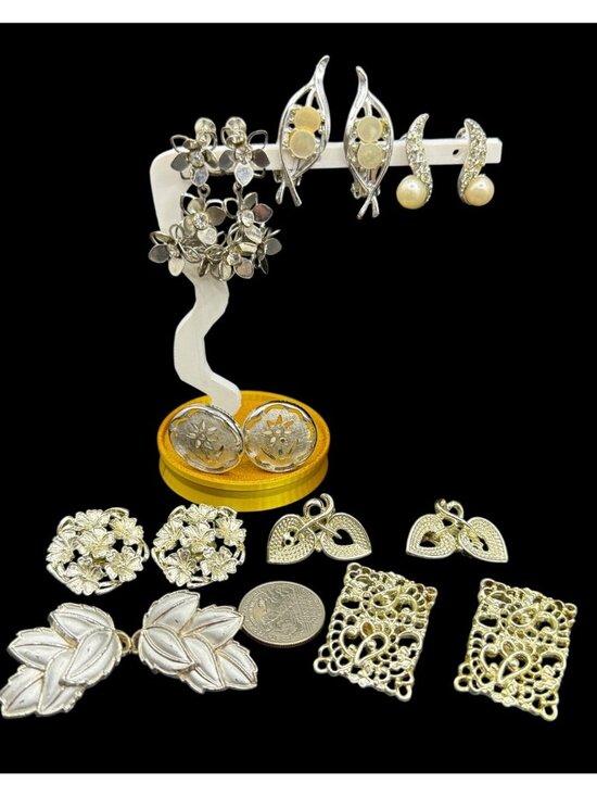 Jewelry - Vintage 80s Silver-Tone Clip-On Earrings Lot 8 Pairs Runway Chunky Big